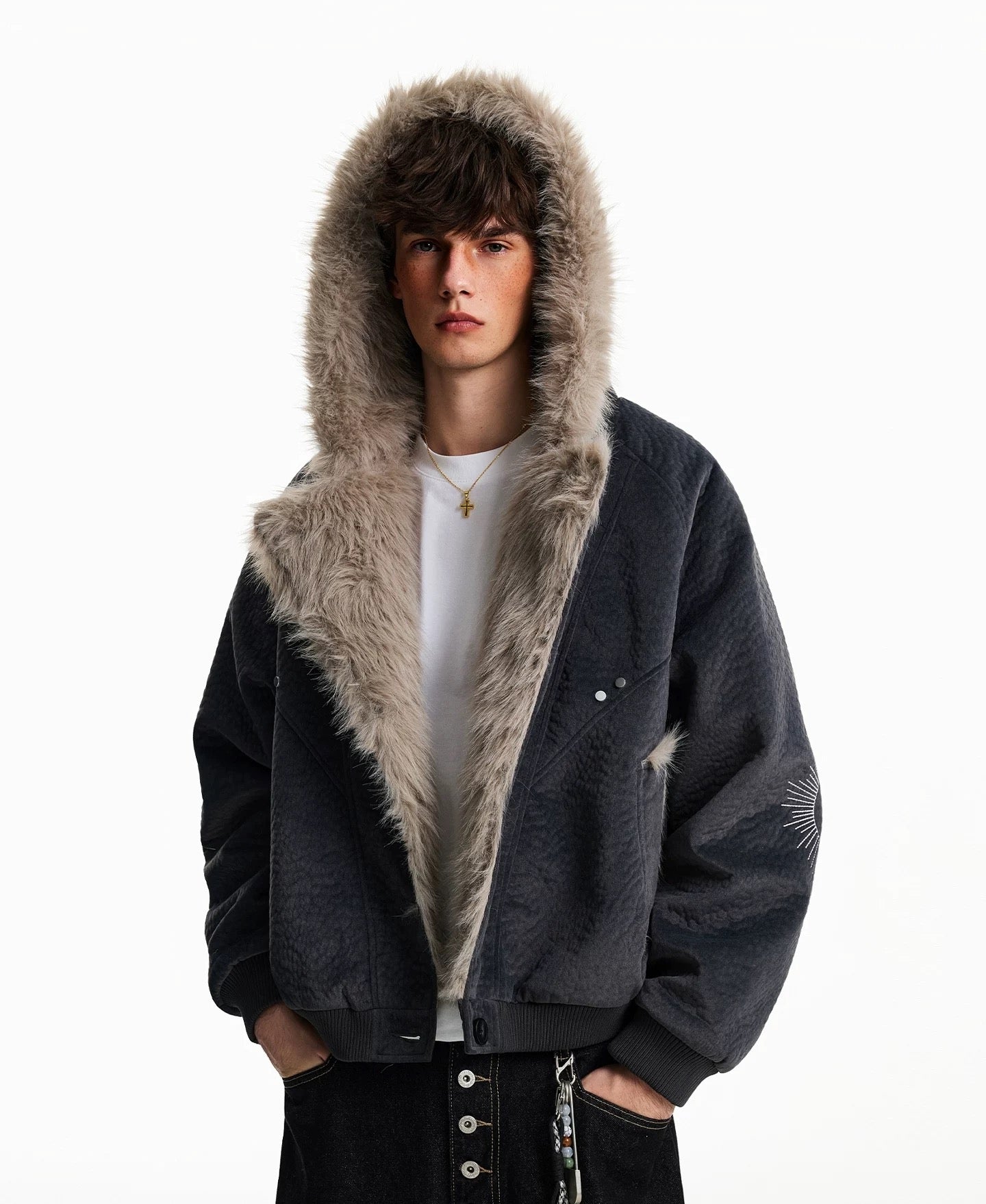 American Vintage Faux Rabbit Fur Hooded Jacket T0254