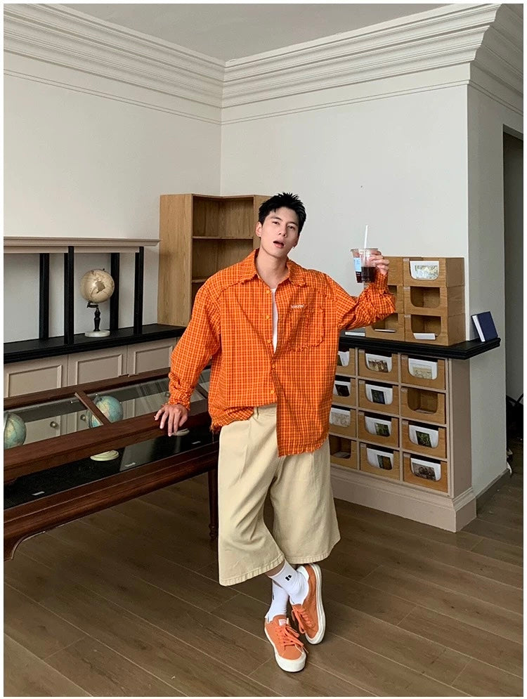 American Streetwear Orange Plaid Shirt – Vintage Long Sleeve Flannel for Men T0241