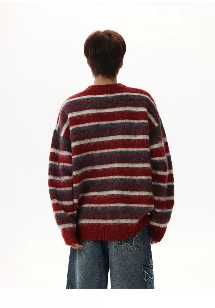 Men’s Vintage Red Striped Sweater – American Retro Knit Pullover S0049