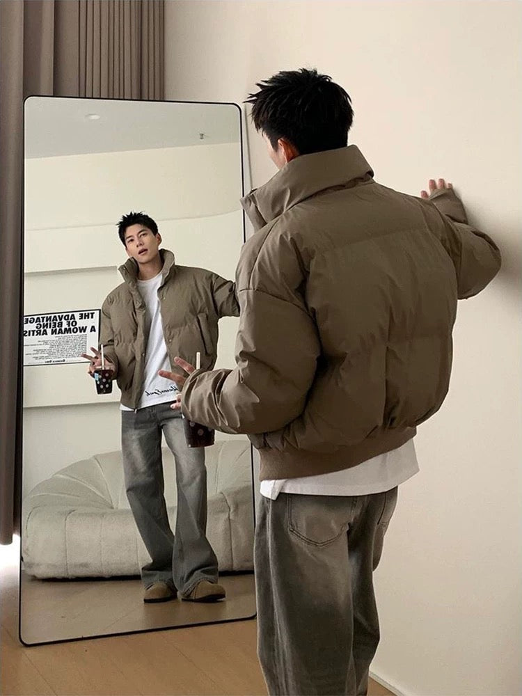 Men’s Short Stand Collar Down Jacket – Minimal Clean Fit Streetwear Puffer T0049