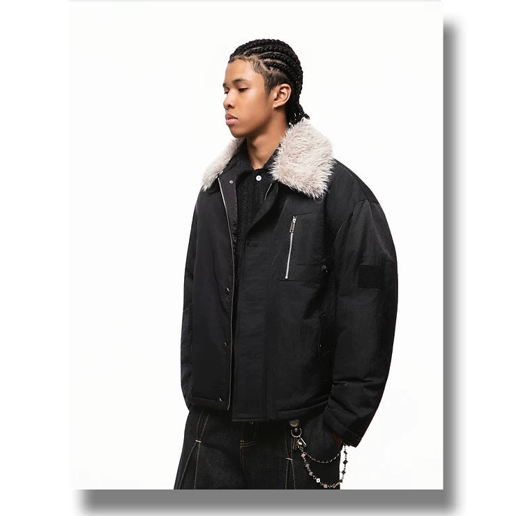 Men’s Detachable Fur Collar Padded Jacket – American Retro Winter Street Outerwear T0055