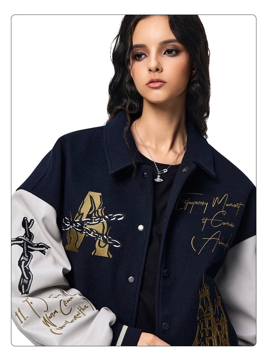 Men’s American Embroidered Patchwork Baseball Jacket – Vintage Streetwear Varsity CoatT0074