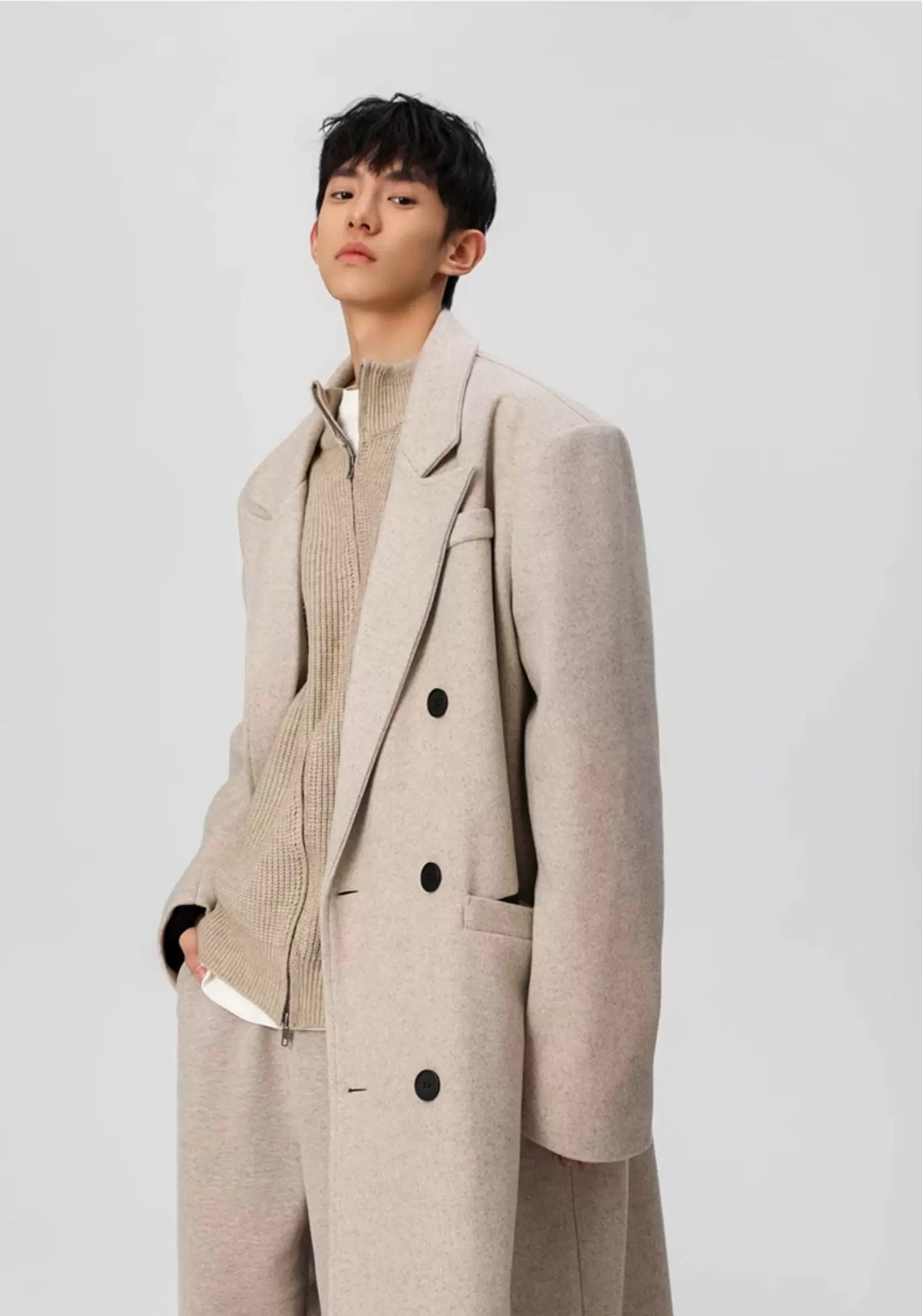 Men’s Long Wool Overcoat – American Vintage Street Tailored Winter Coat T0069