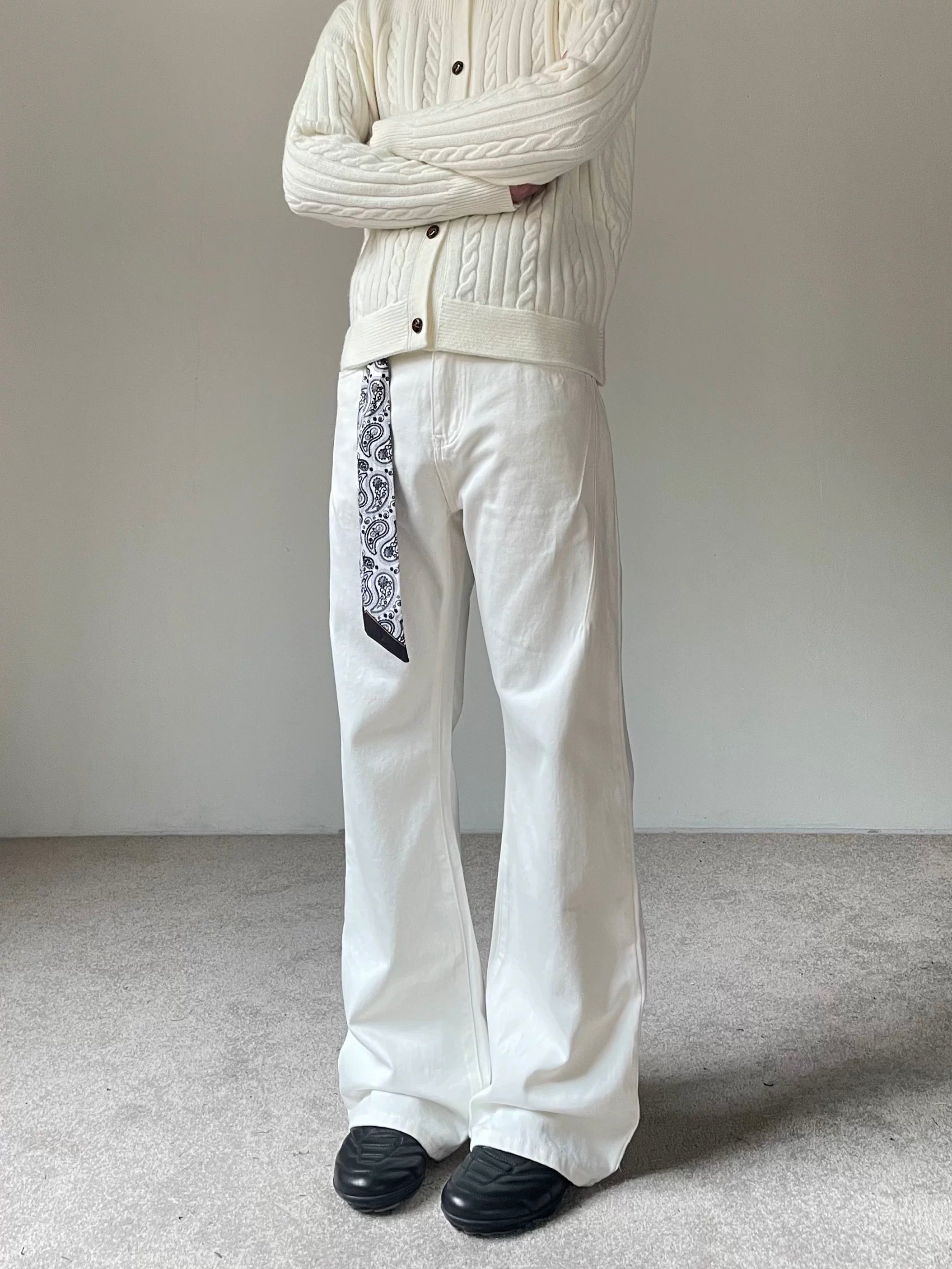 Men’s Vintage Scarf Detail Flare Jeans – American High Street Denim Pants B0074