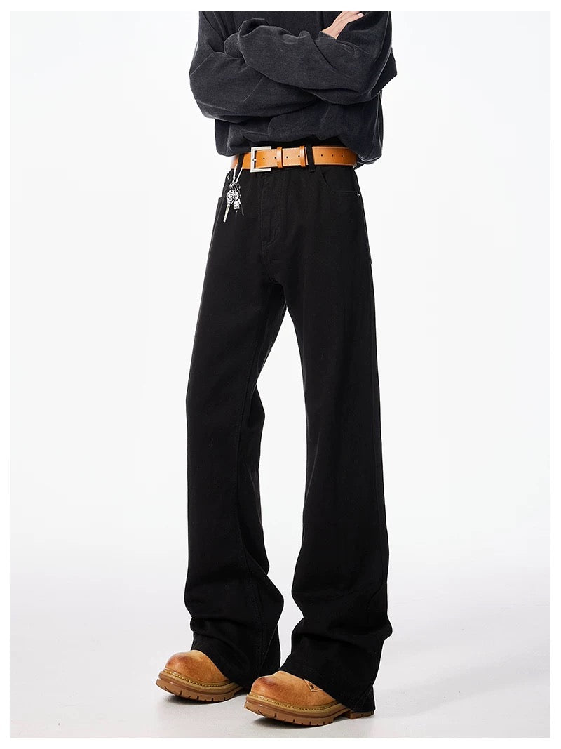 Men’s Black Straight-Leg Jeans – American Minimal Street Denim Pants B0077