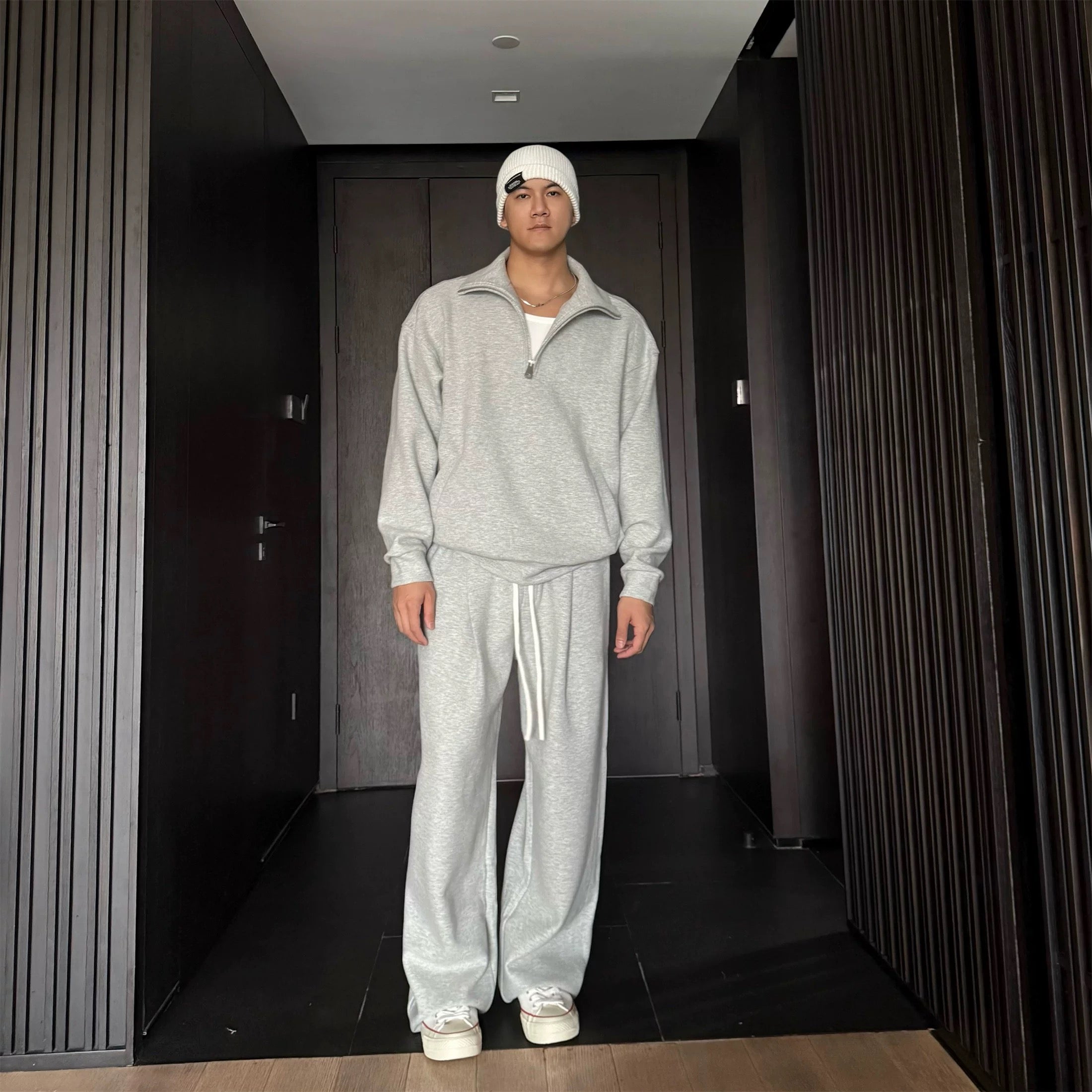 Chándal de polar estilo urbano para hombre | Conjunto de sudadera extragrande con cuello redondo y pantalón recto T0054