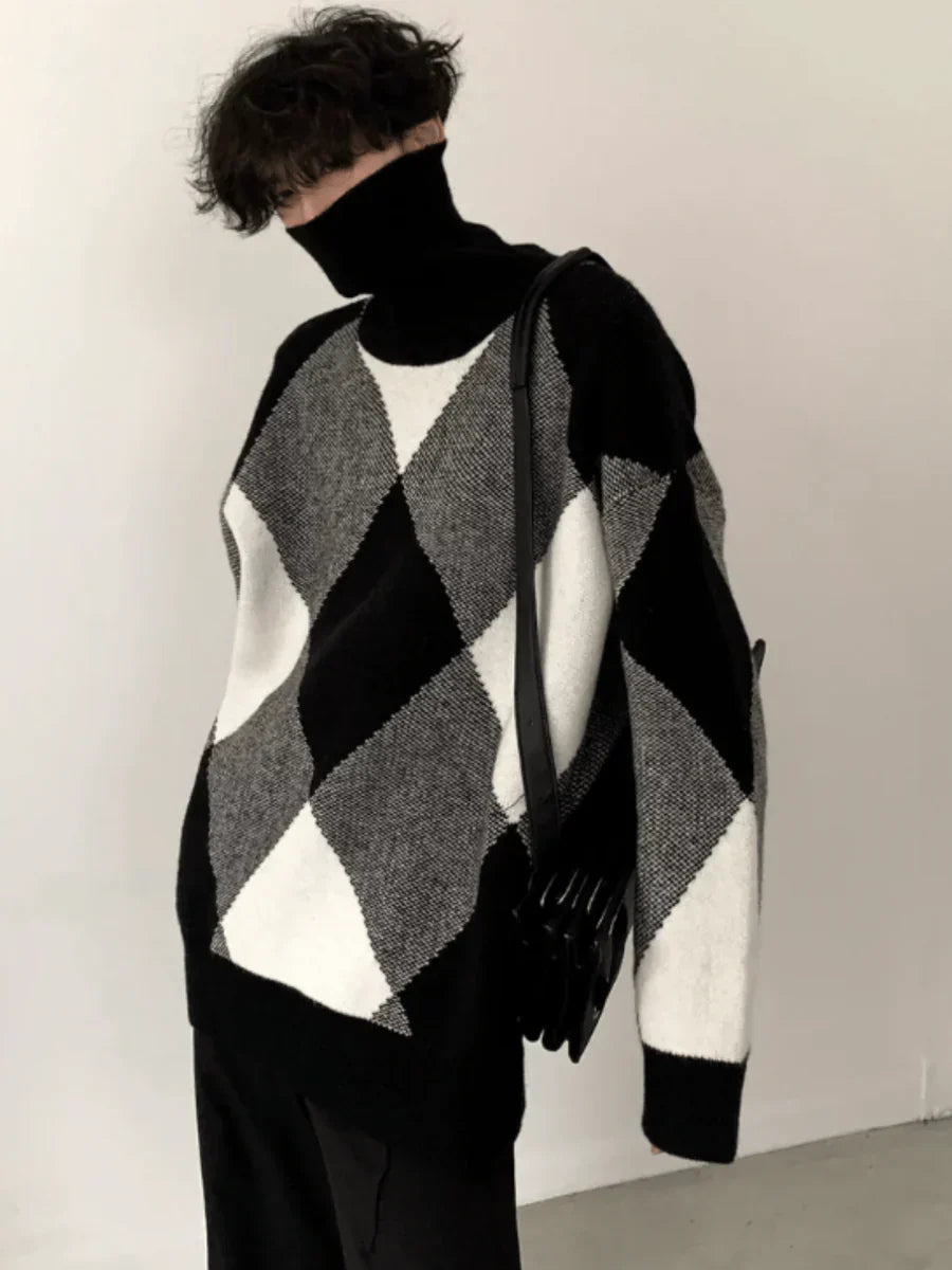 [AUTUMNWIND] BLACK AND WHITE HIGH-END DESIGN TURTLENECK SWEATER S0181