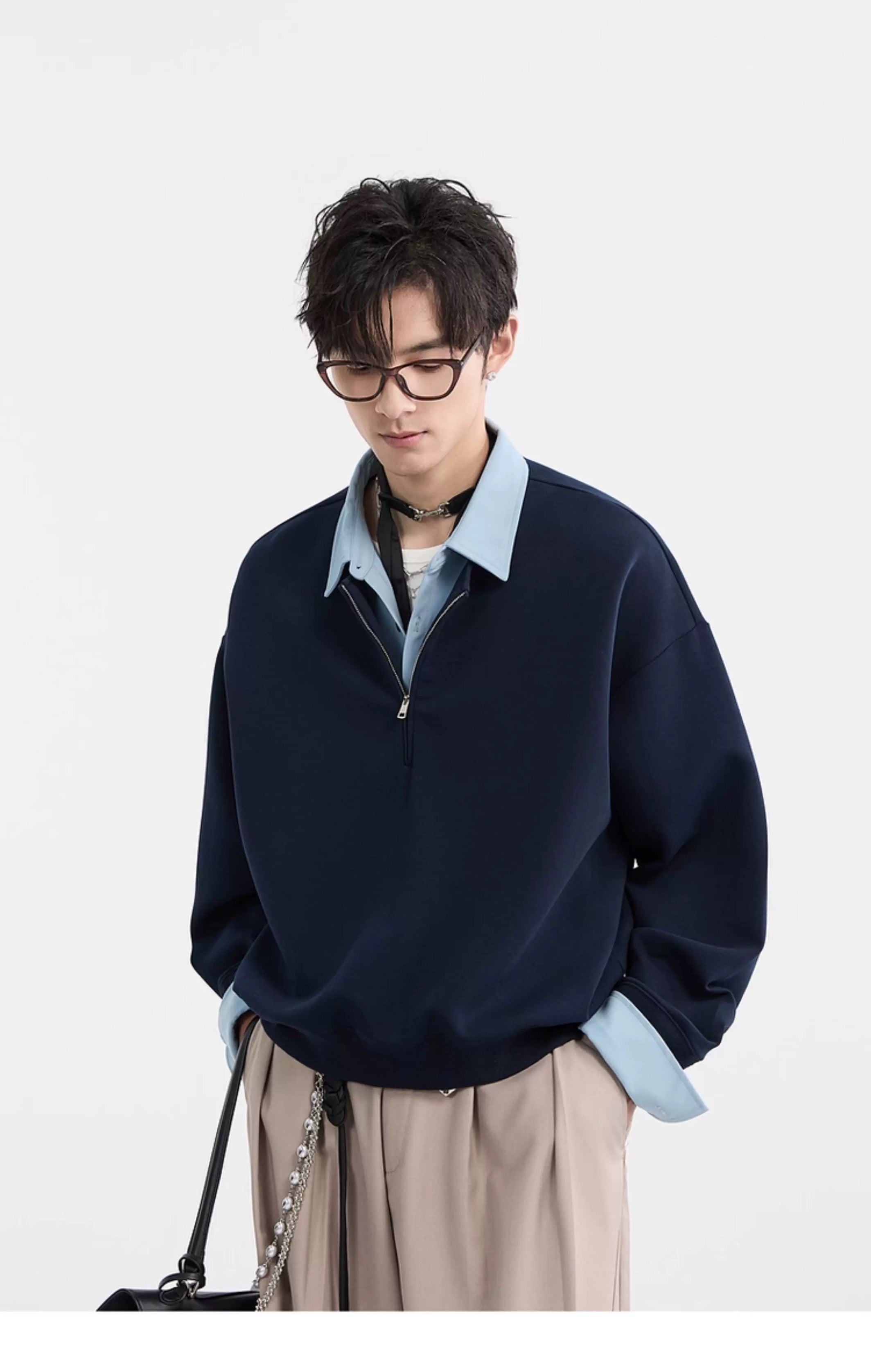 Sudadera con cuello camisero y bloques de color - Jersey extragrande Cleanfit con media cremallera para hombre T0047