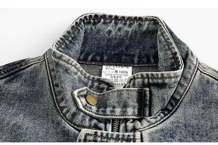 Men’s Vintage Washed Denim Jacket – American Retro Distressed Streetwear Outerwear T0046