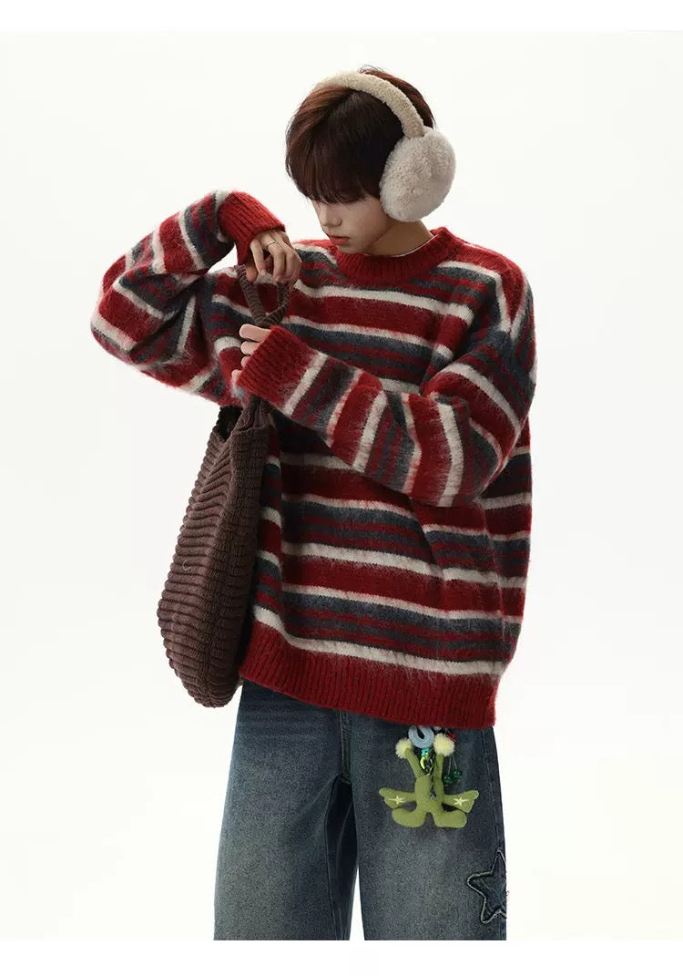 Men’s Vintage Red Striped Sweater – American Retro Knit Pullover S0049