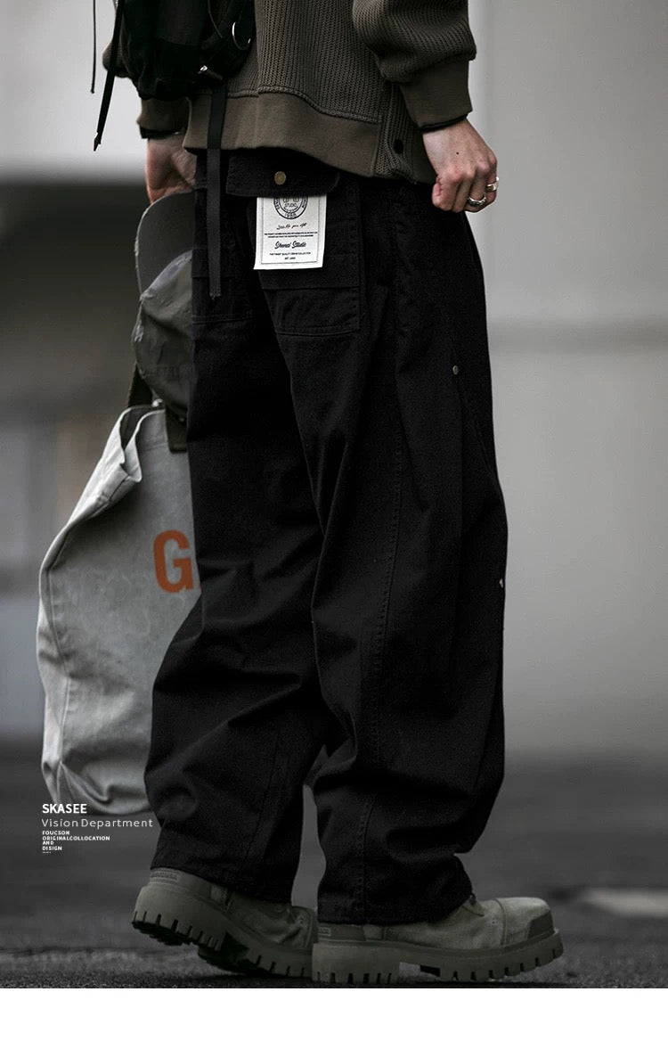 ヴィンテージアメリカンヘビーウォッシュダブルプリーツカーゴパンツ（リベット付き）、バギーワイドレッグドローストリングカジュアルジョガーパンツ T0011