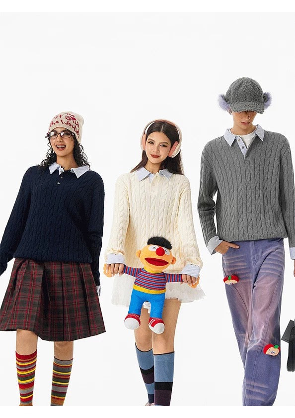 Patchwork Layered Cable Knit Sweater – Faux Two-Piece Vintage Knitwear S0025