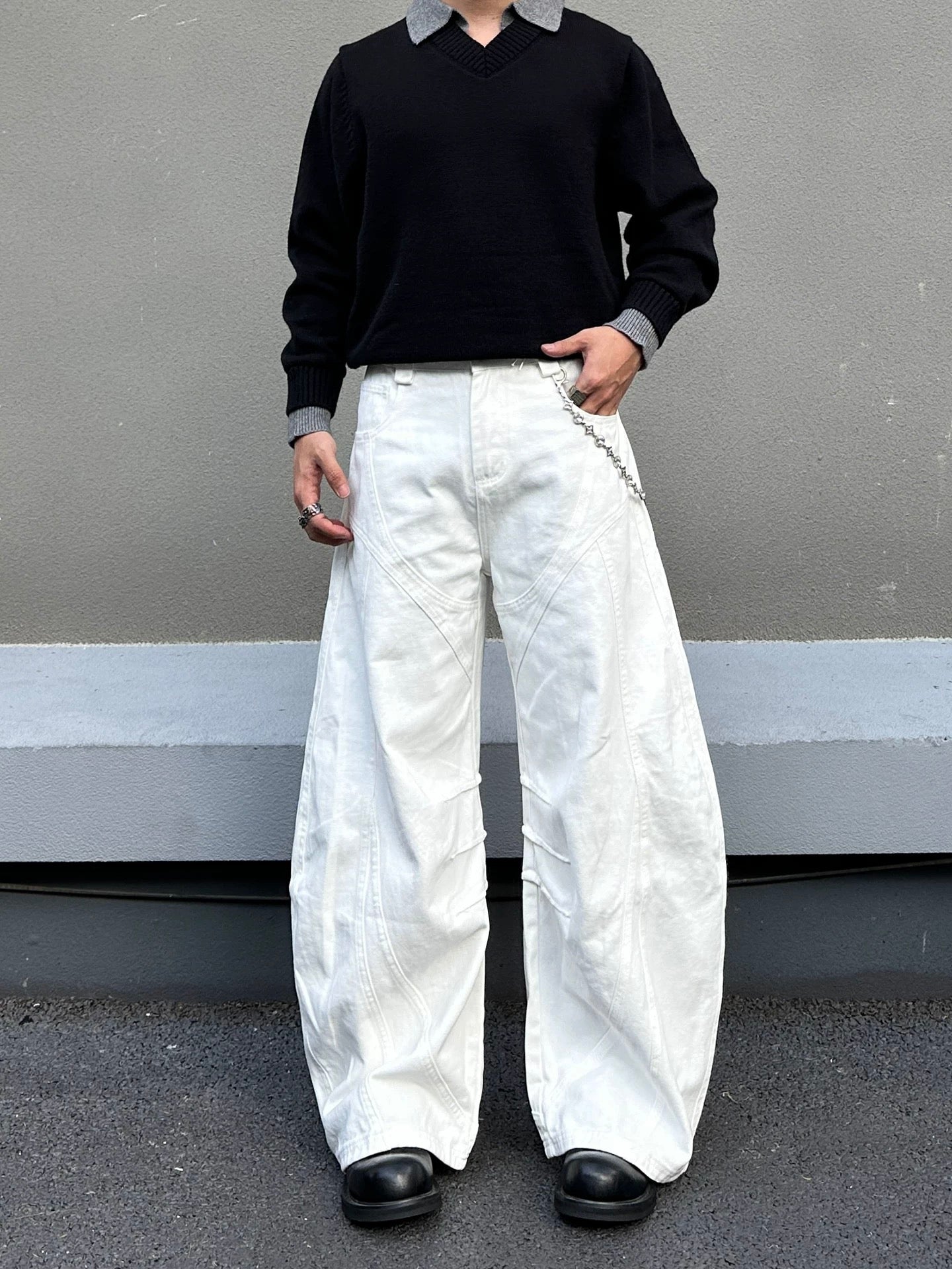 Men’s White Curved Wide-Leg Jeans – American Streetwear Vintage Denim Pants B0086