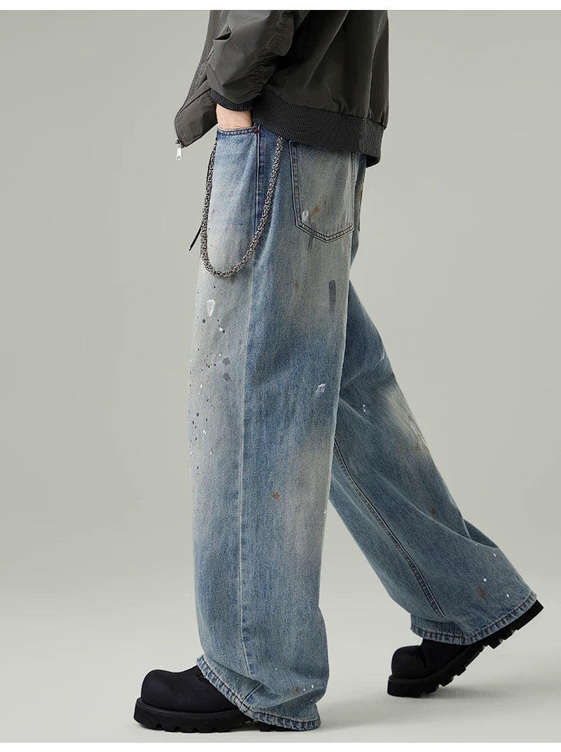 Men’s Paint-Splatter Washed Jeans – Vintage American Street Art Denim Pants B0055