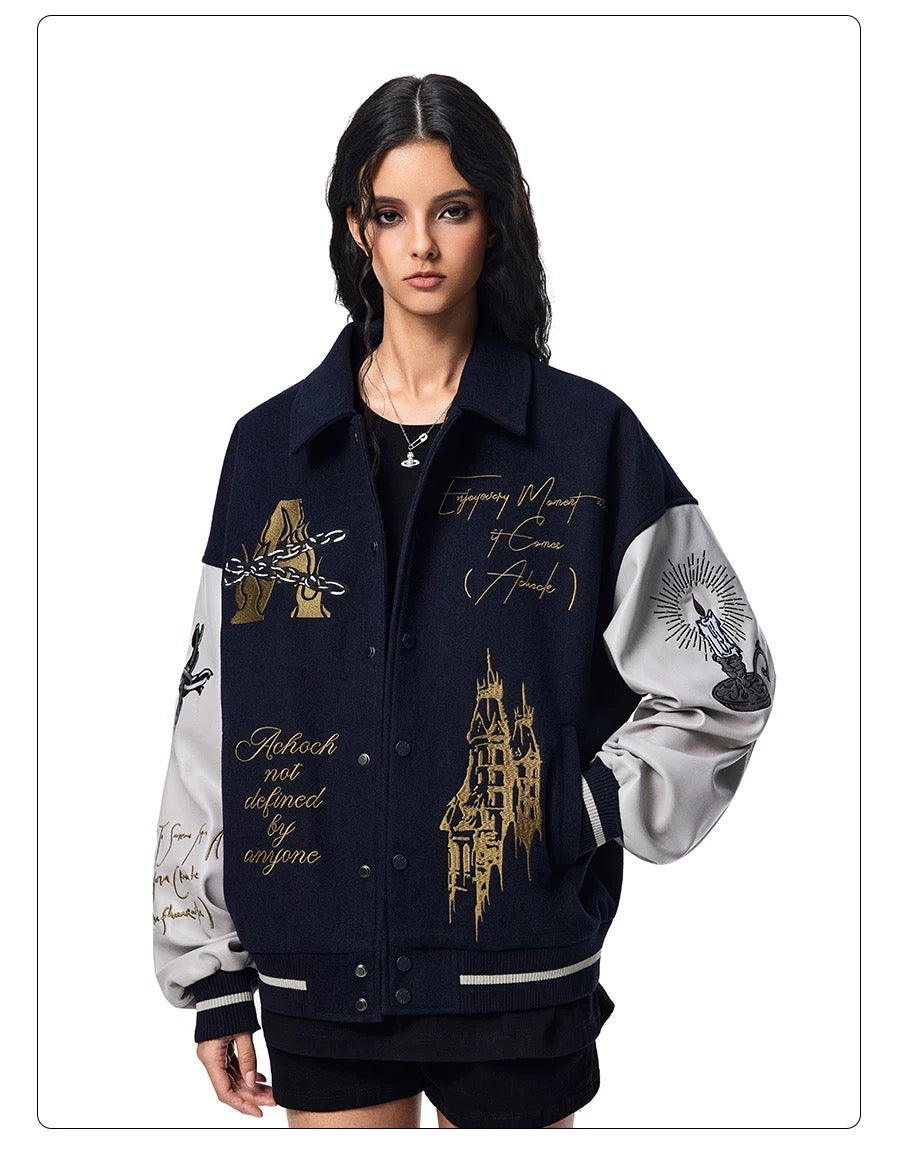 Men’s American Embroidered Patchwork Baseball Jacket – Vintage Streetwear Varsity CoatT0074