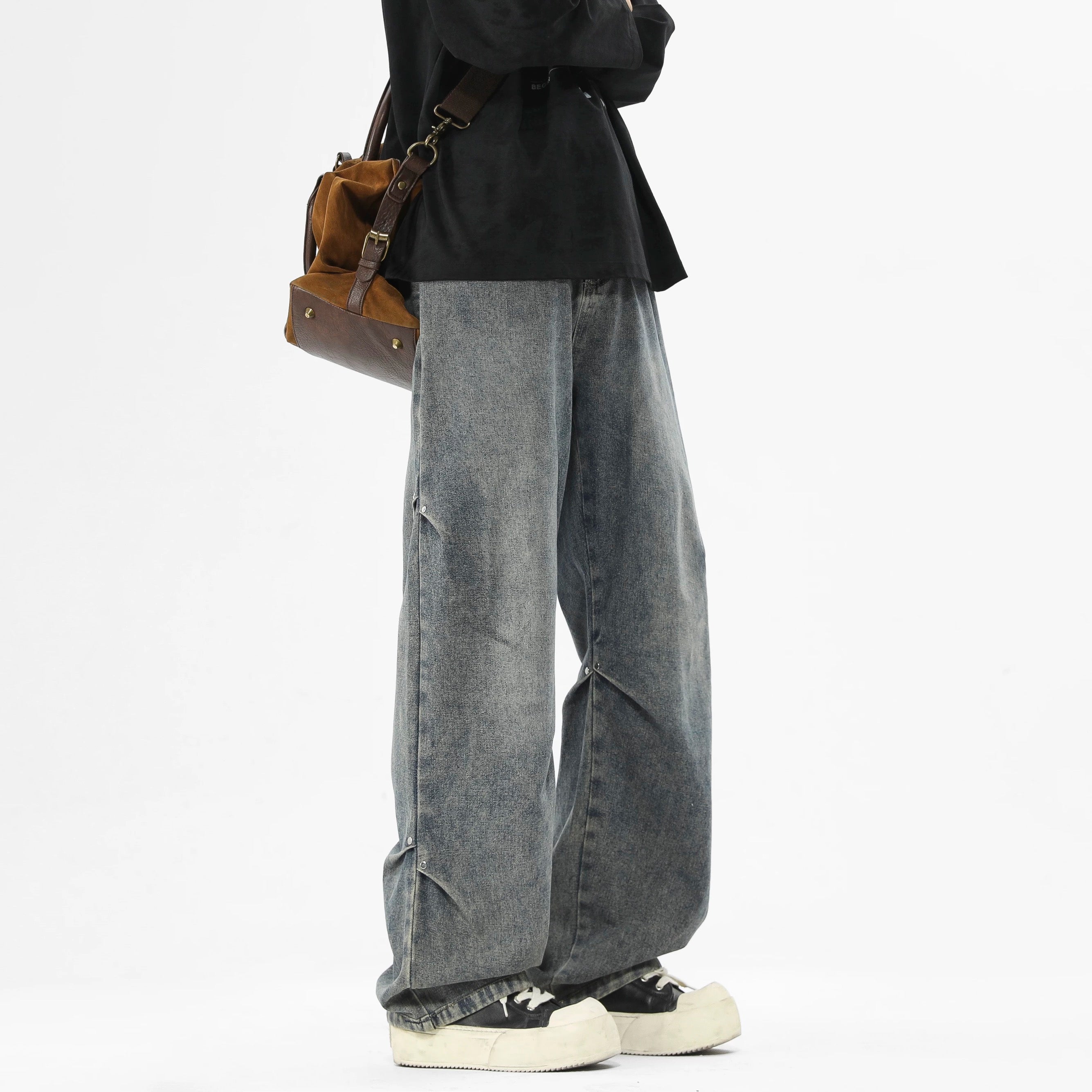 American Street Rivet Patchwork Straight-Leg Jeans Fe0501