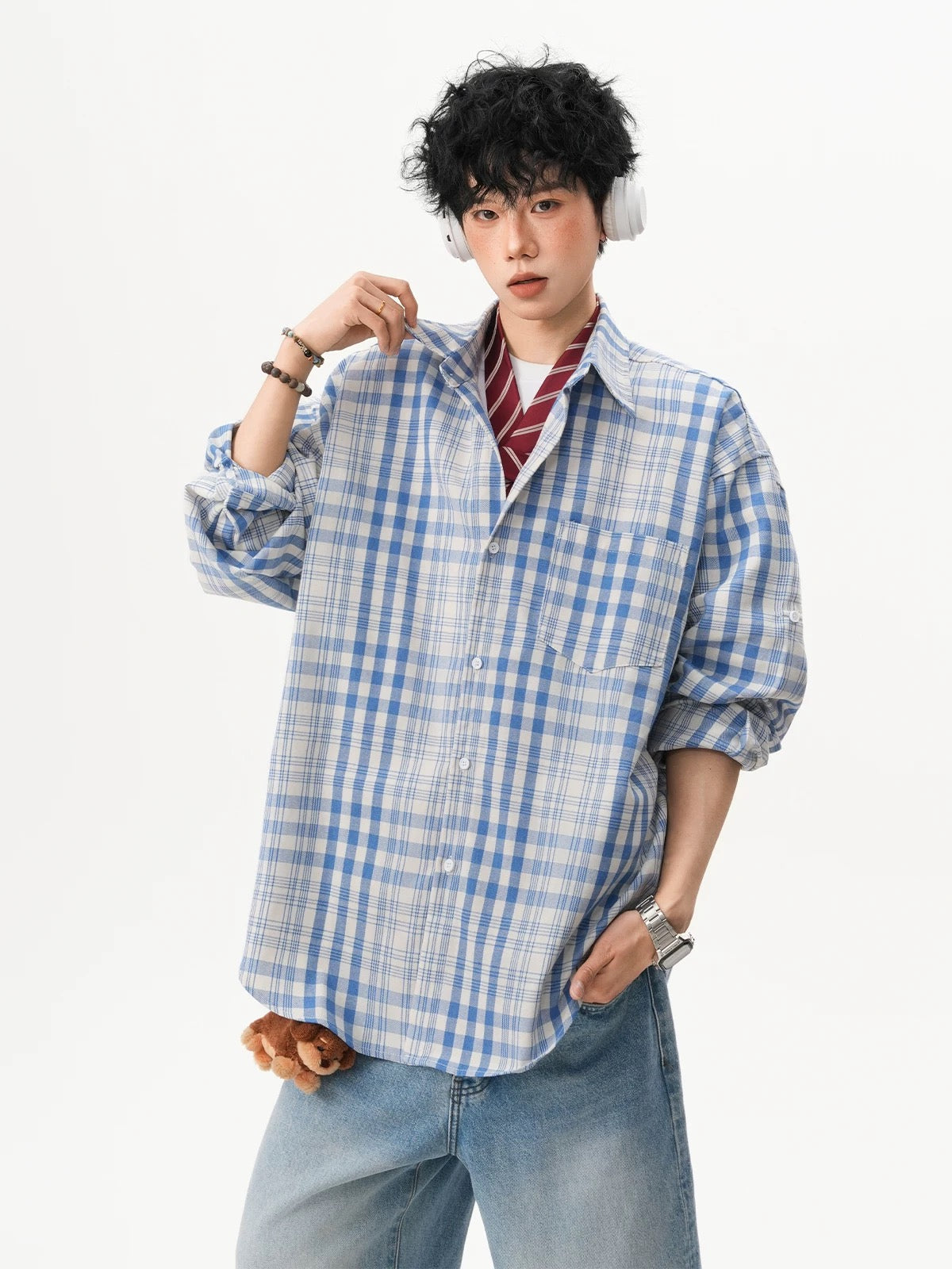 Men’s Vintage Blue Plaid Shirt – American Retro Street Casual Overshirt S0042