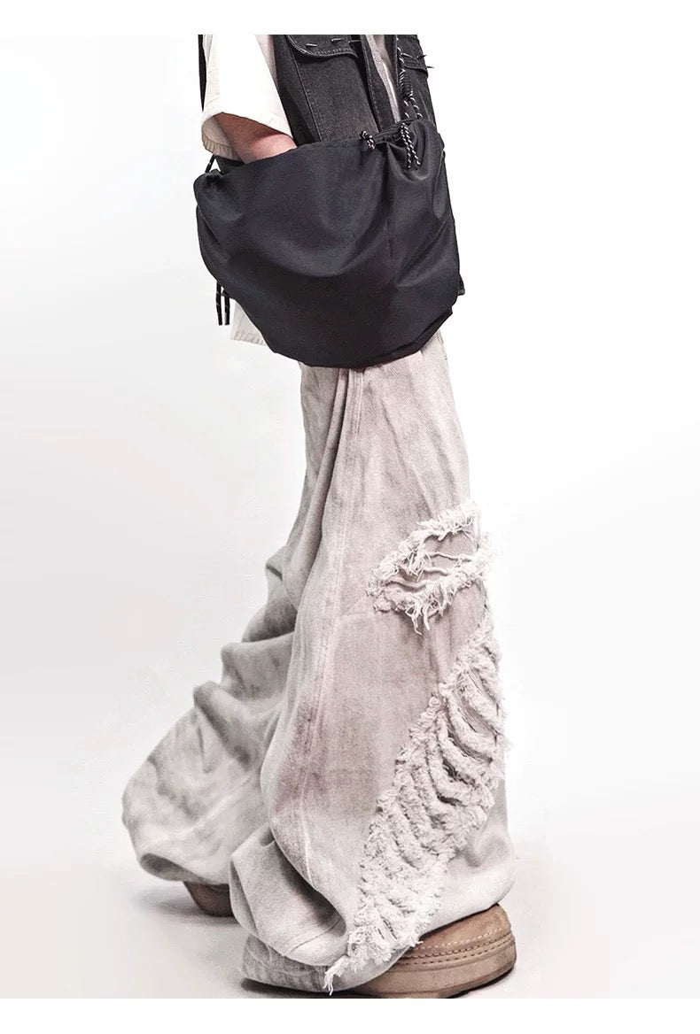 Men’s Vintage Distressed Washed White Denim Jeans Streetwear Loose Straight Mud-Dye Baggy Pants B0096