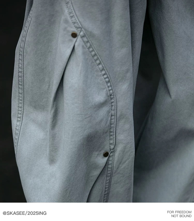 ヴィンテージアメリカンヘビーウォッシュダブルプリーツカーゴパンツ（リベット付き）、バギーワイドレッグドローストリングカジュアルジョガーパンツ T0011