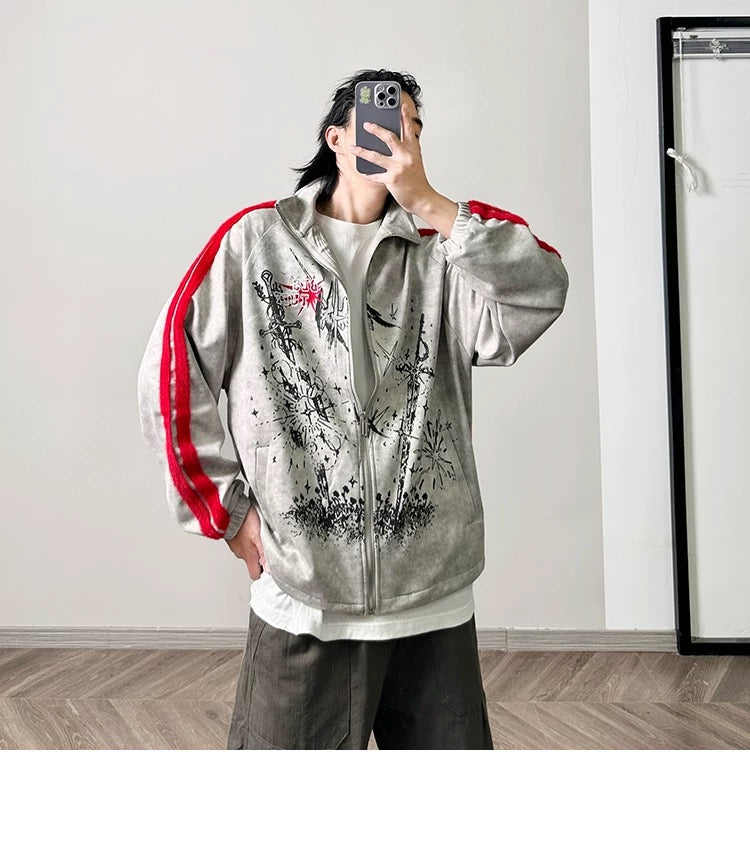 メンズ プリント カラーブロック フリースジャケット - レトロ パッチワーク ストリートウェア アウターウェア T0037