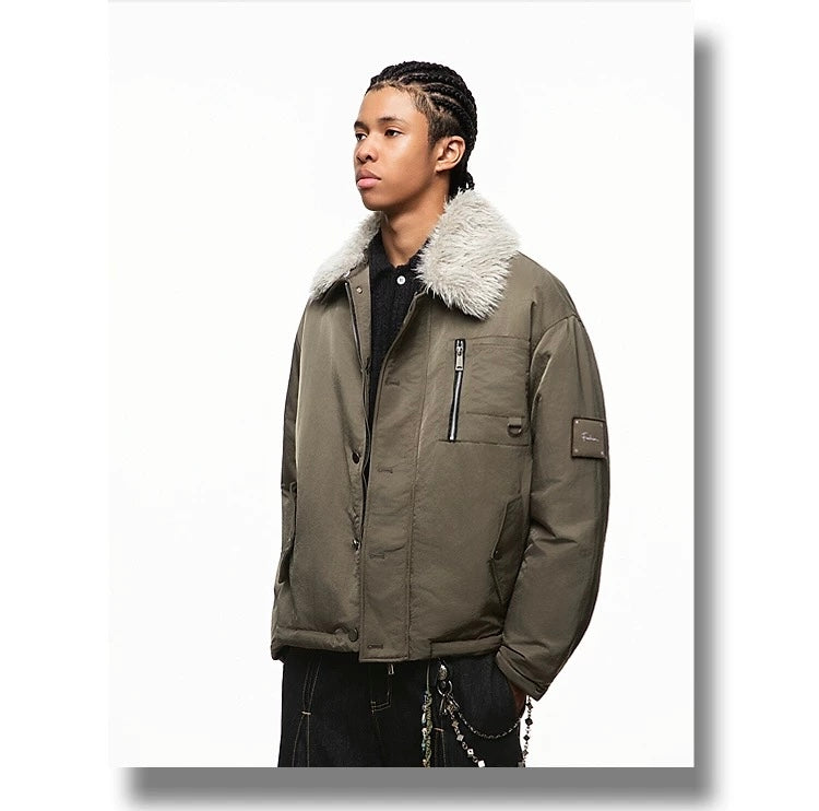 Men’s Detachable Fur Collar Padded Jacket – American Retro Winter Street Outerwear T0055