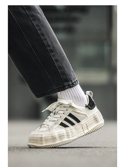 Distressed Melt-Sole Sneakers - White Chunky Platform German Army Trainers with Triple-Stripe Design S0009