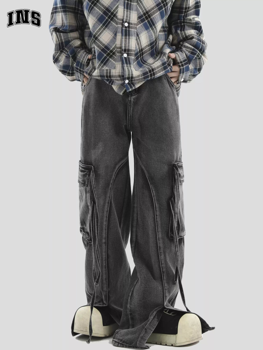 MULTI-POCKET LOOSE STRAIGHT LONG JEANS B0163