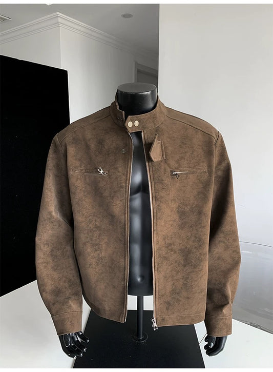 Men’s Vintage Tie-Dye PU Leather Jacket – Stand Collar Streetwear Outerwear T0078