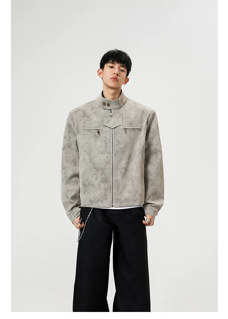 Chaqueta vintage de piel sintética con efecto tie-dye para hombre, cuello alto, estilo urbano, T0078