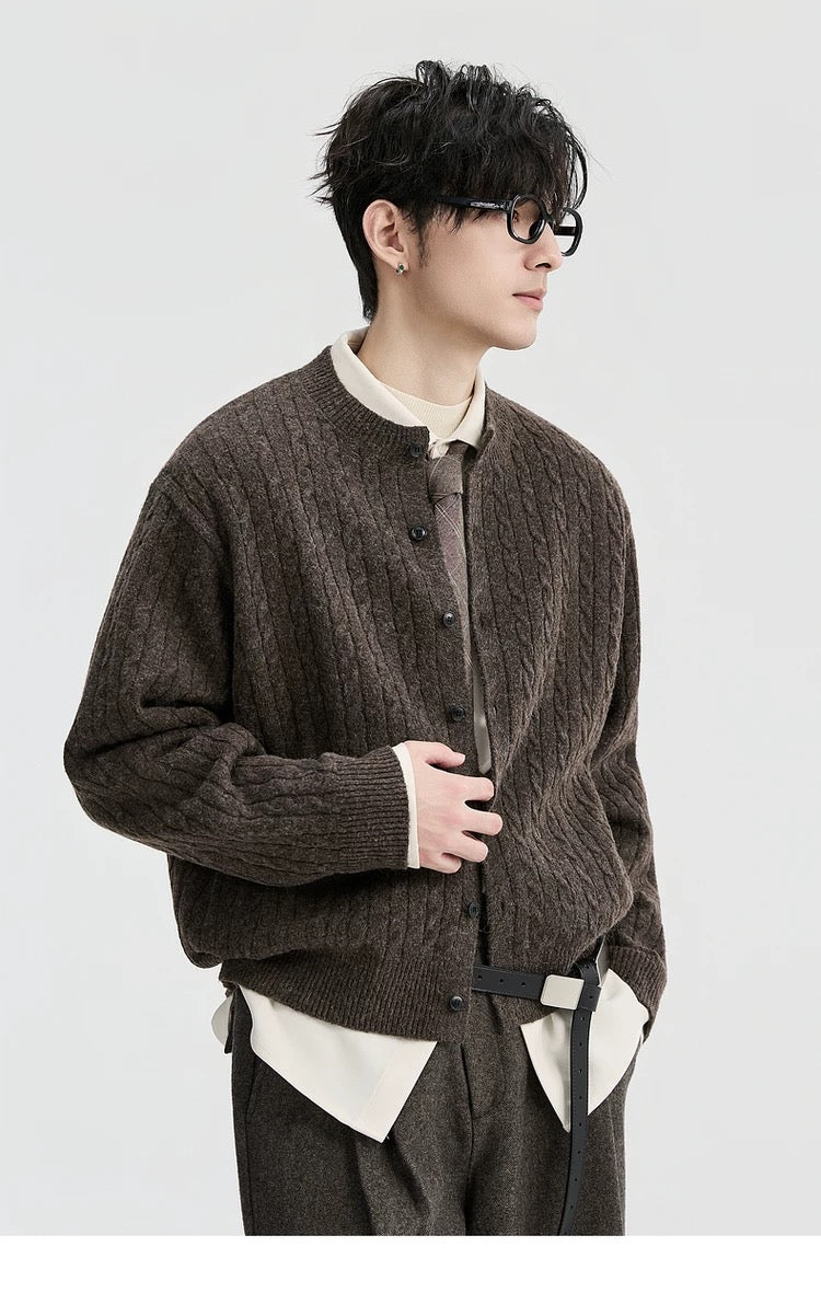 Jacquard Retro-Style Henry Neck Sweater Cardigan for Men - Wool-Blend Knitted Outerwear for Autumn & Winter T0038