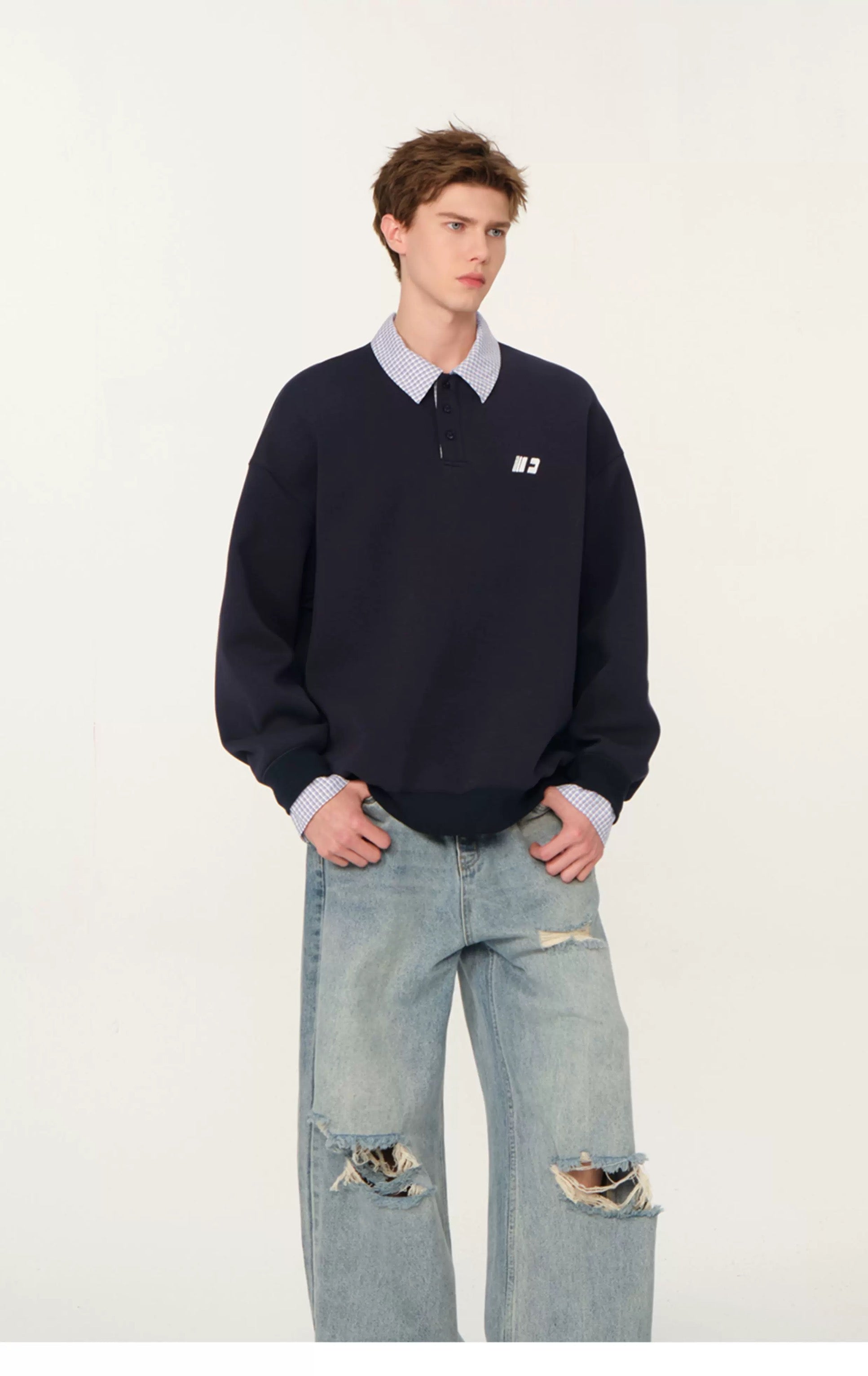 Men’s Layered Polo Sweatshirt – Air Layer Fabric Retro Street Pullover S0041