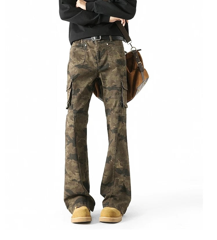 Men’s Camouflage Flared Cargo Jeans – American Vintage Workwear Street Denim B0078