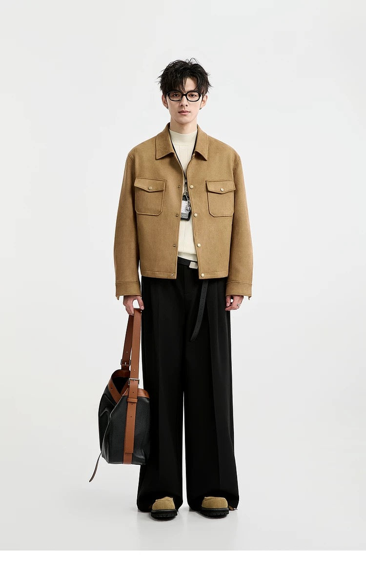 Chaqueta retro premium de ante sintético con solapa para hombre - Top corto informal para otoño T0039