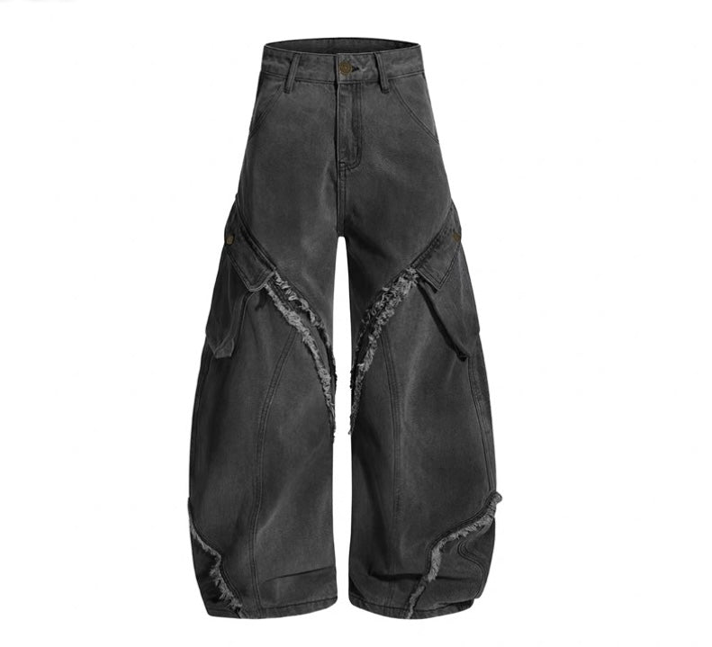 Men’s Vintage Deconstructed Denim Jeans – American Raw-Edge Curved Cut Wide-Leg Pants B0088