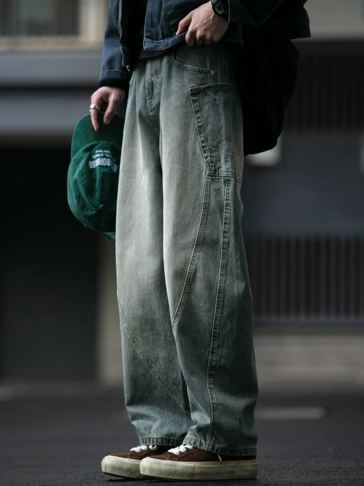 Vaqueros azules vintage desgastados de peso pesado, corte holgado Sabertooth deconstruido para hombre, estilo urbano, T0008