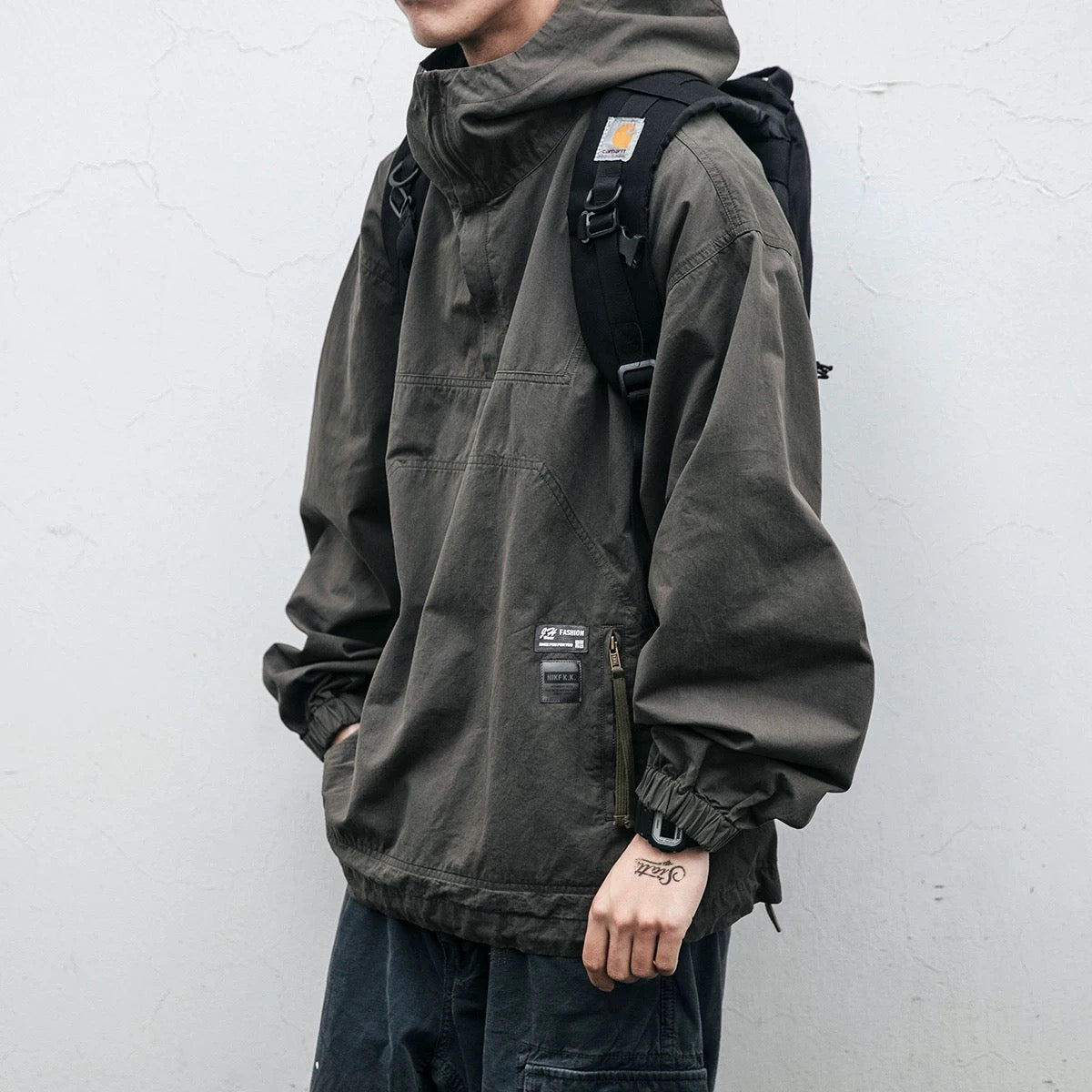 Chaqueta con capucha y lavado vintage para hombre, cortavientos con media cremallera para uso diario informal, T0009