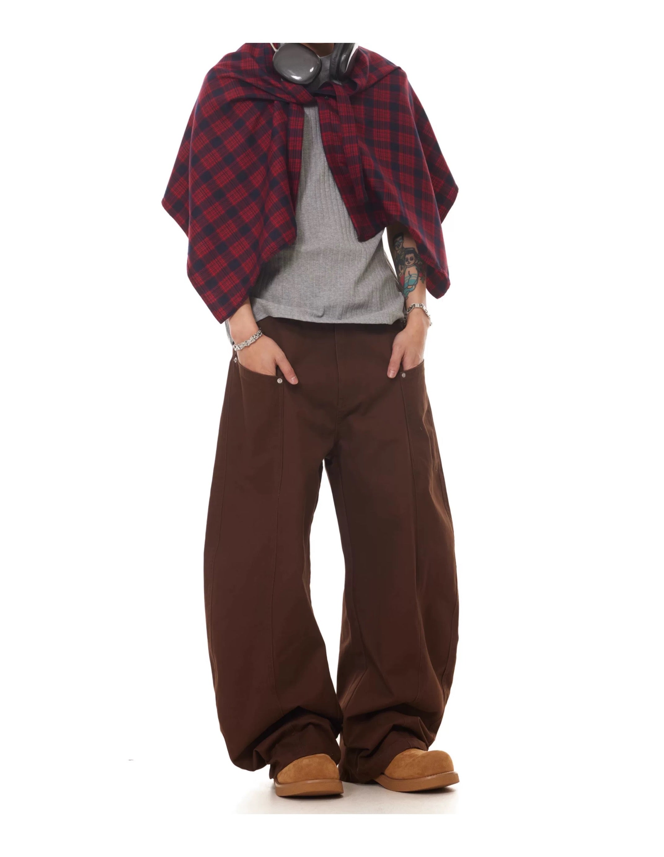 Men’s Vintage Detachable Plaid Skirt Cargo Pants – American Curved Wide-Leg Streetwear Trousers B0087