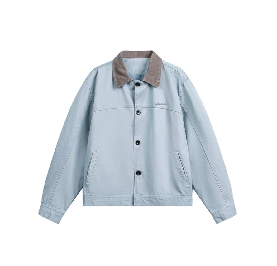 Men’s Color-Block Workwear Jacket – American Retro Contrast Collar Utility Outerwear T0064