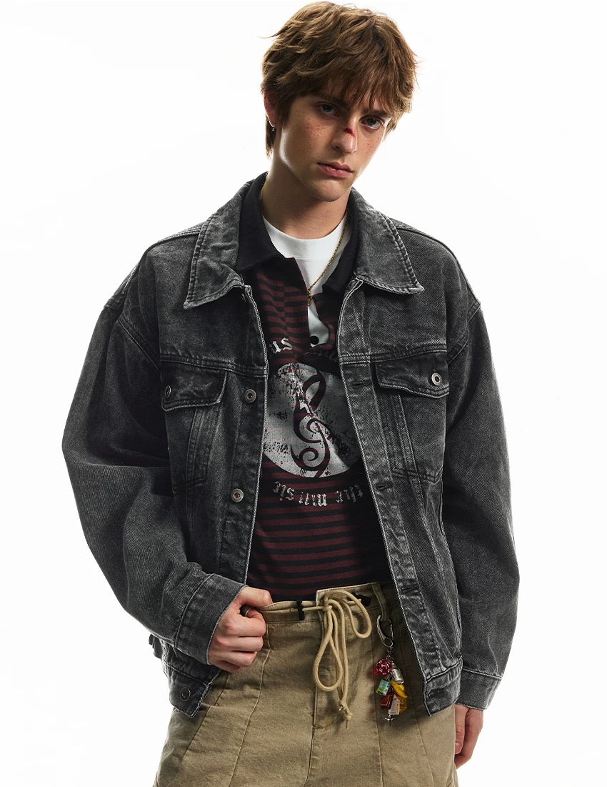 Men’s Vintage Washed Denim Jacket – American Retro Distressed Streetwear Outerwear T0052