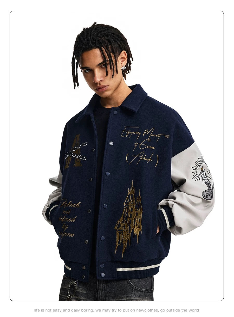 Men’s American Embroidered Patchwork Baseball Jacket – Vintage Streetwear Varsity CoatT0074