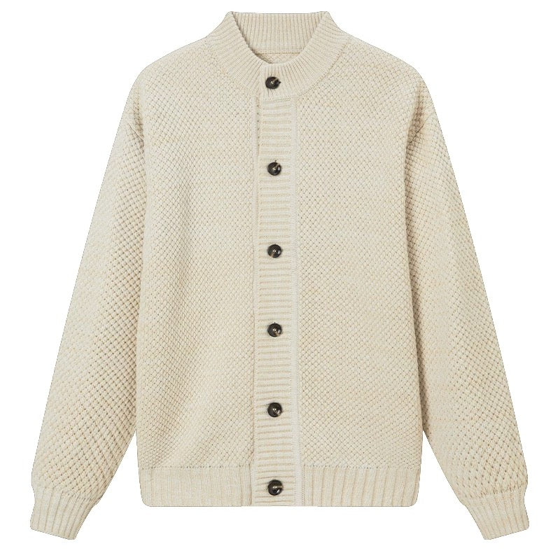 750g Heavyweight Pineapple Knit Cardigan - Men's Solid Color Relaxed Fit Minimalist Knit Jacket T0021