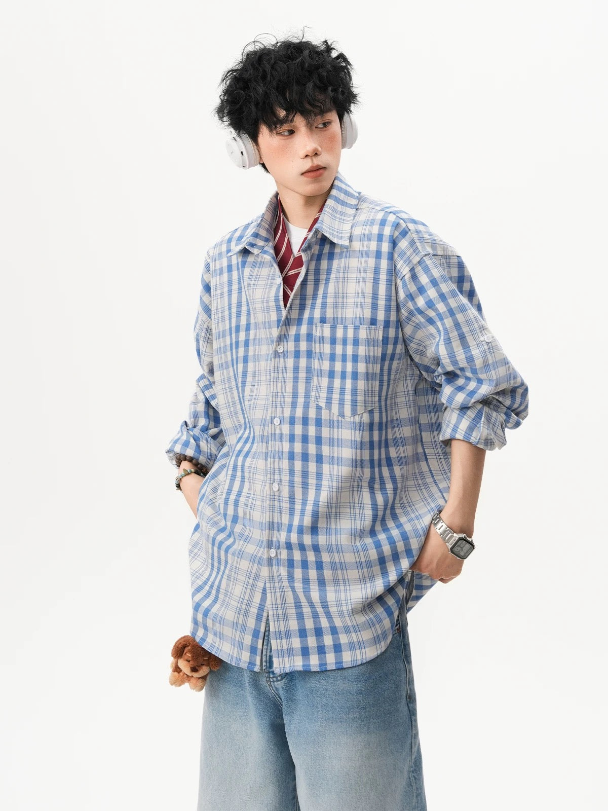 Men’s Vintage Blue Plaid Shirt – American Retro Street Casual Overshirt S0042