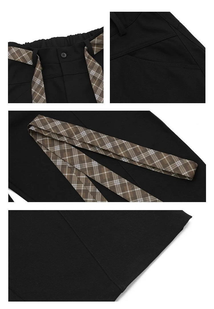 Pantalones acampanados vintage a cuadros con forro polar y cinturón – Estilo retro americano B0038