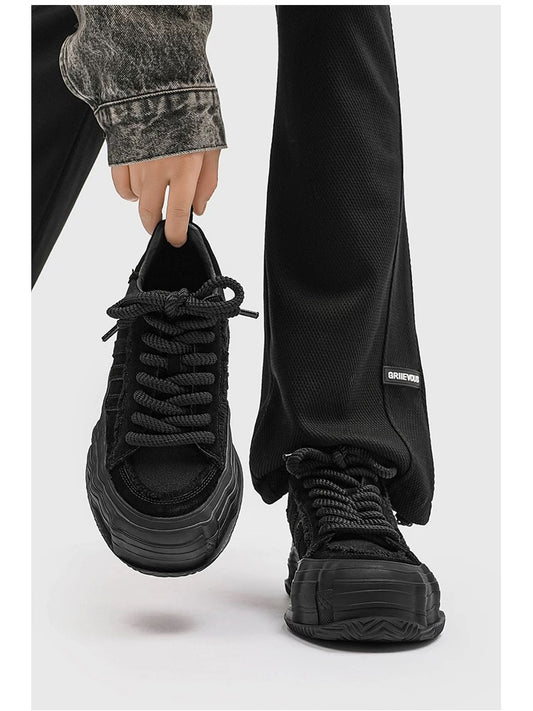 Black Warrior Skate Shoes - Triple-Stripe Vintage Melt-Sole Canvas Sneakers (Niche Unisex Streetwear) S0006