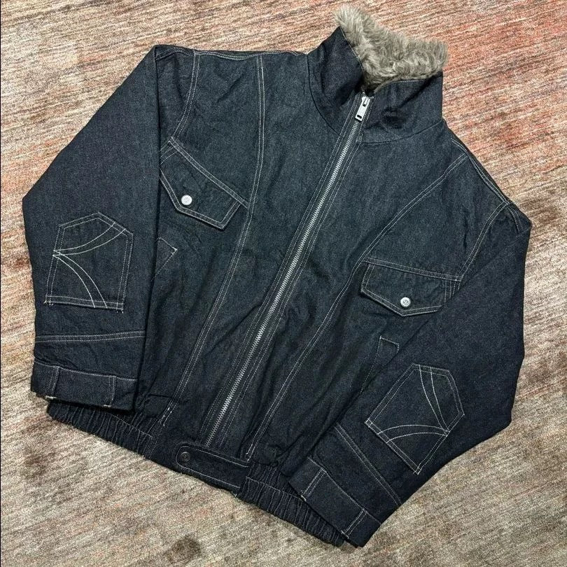 Men’s Fleece-Lined Denim Jacket – American Vintage Winter Street Outerwear T0053
