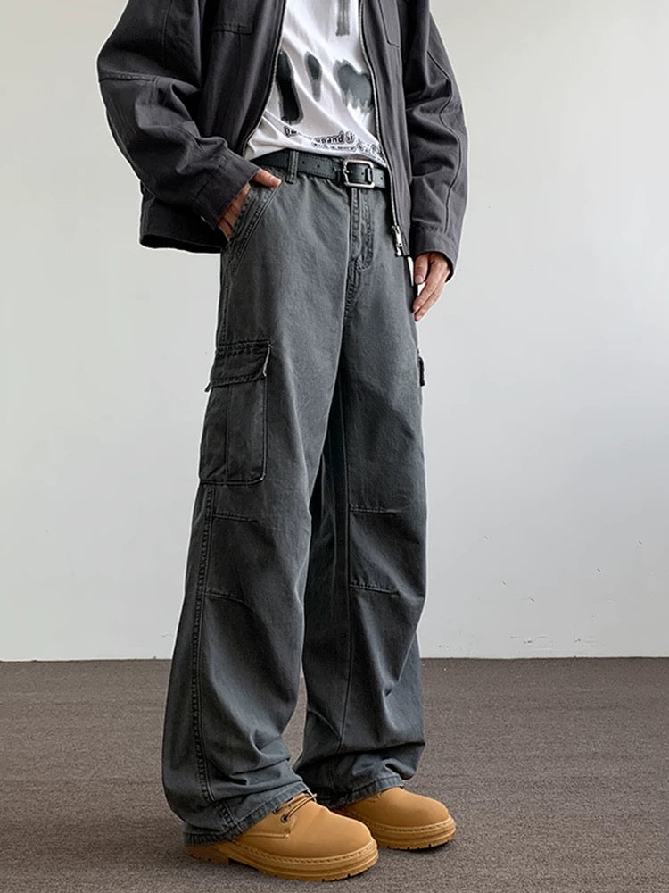 Men’s Gray Multi-Pocket Cargo Pants – Utility Streetwear Loose Fit Trousers B0062