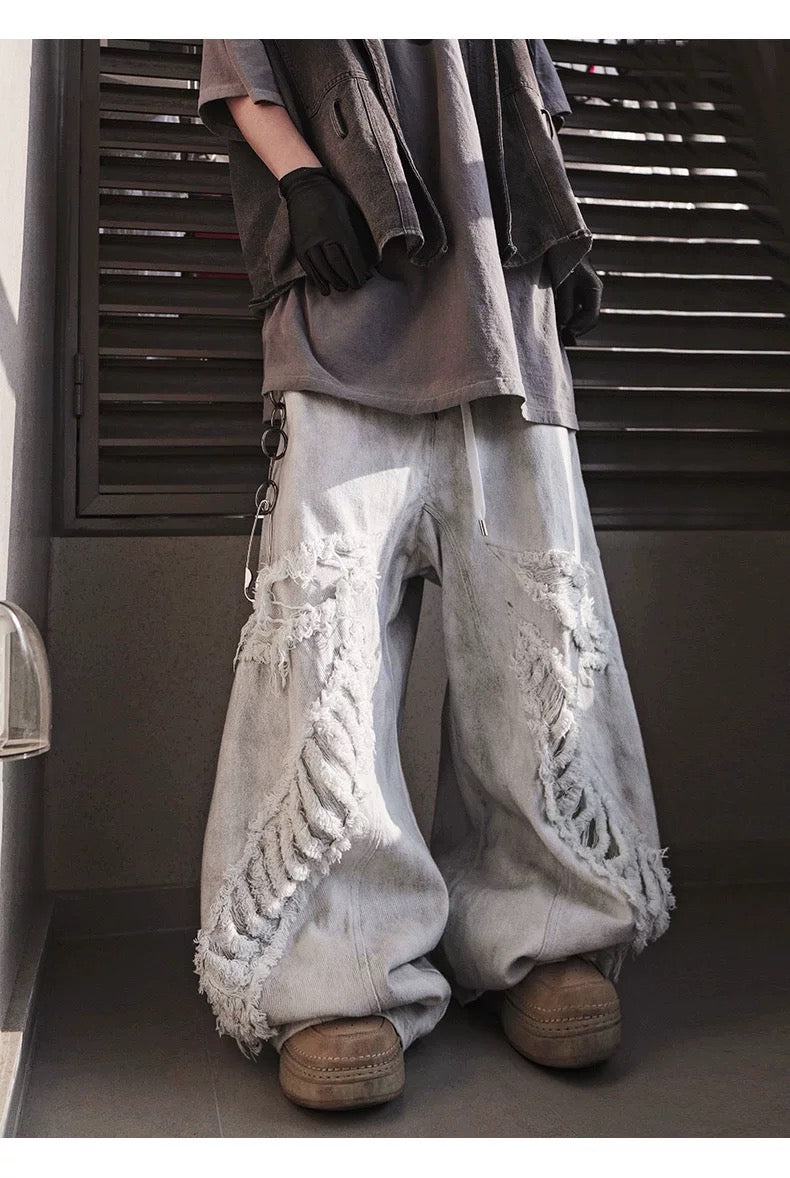 Men’s Vintage Distressed Washed White Denim Jeans Streetwear Loose Straight Mud-Dye Baggy Pants B0096