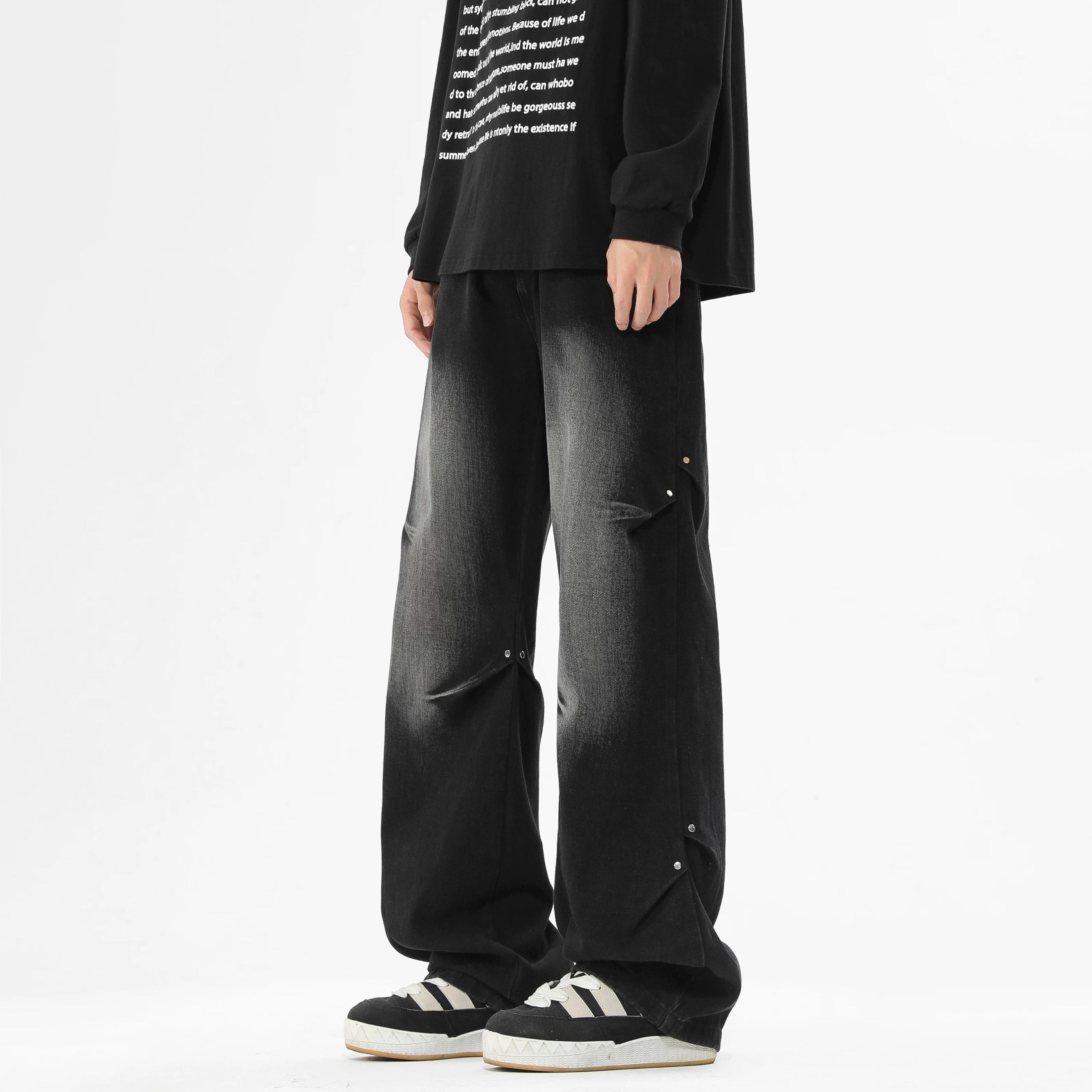 American Street Rivet Patchwork Straight-Leg Jeans Fe0501