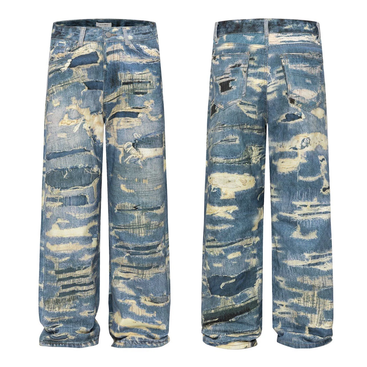 Men’s Distressed Printed Jeans – Vintage Washed Ripped Denim Pants B0079
