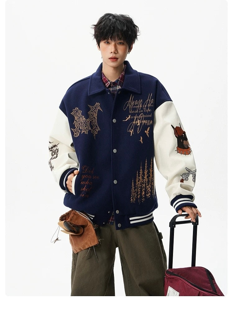 Men’s American Embroidered Patchwork Baseball Jacket – Vintage Streetwear Varsity CoatT0074